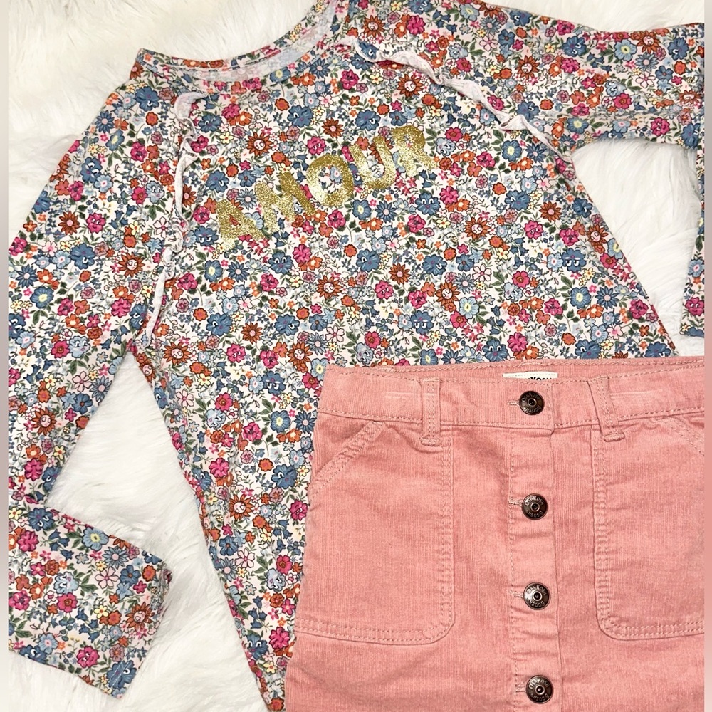 Floral 'Amour' Long Sleeve Top and Pink Corduroy Button Skirt